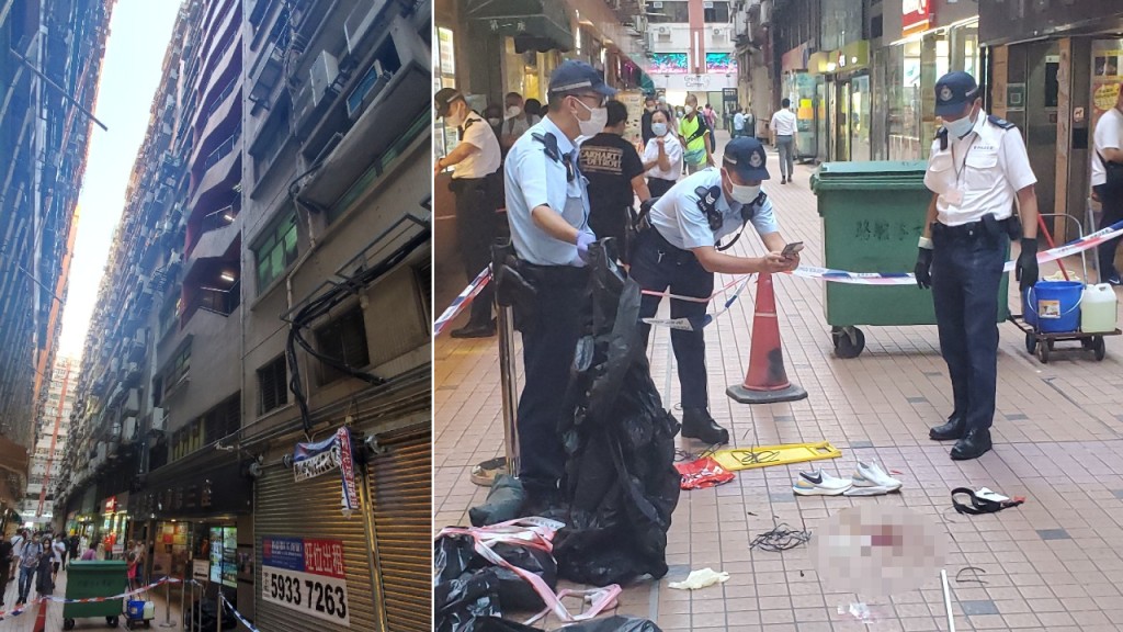 觀塘開源道60號駱駝漆大廈第三座，今日（14日）下午發生墮樓女子波及途人事件。楊偉亨攝
