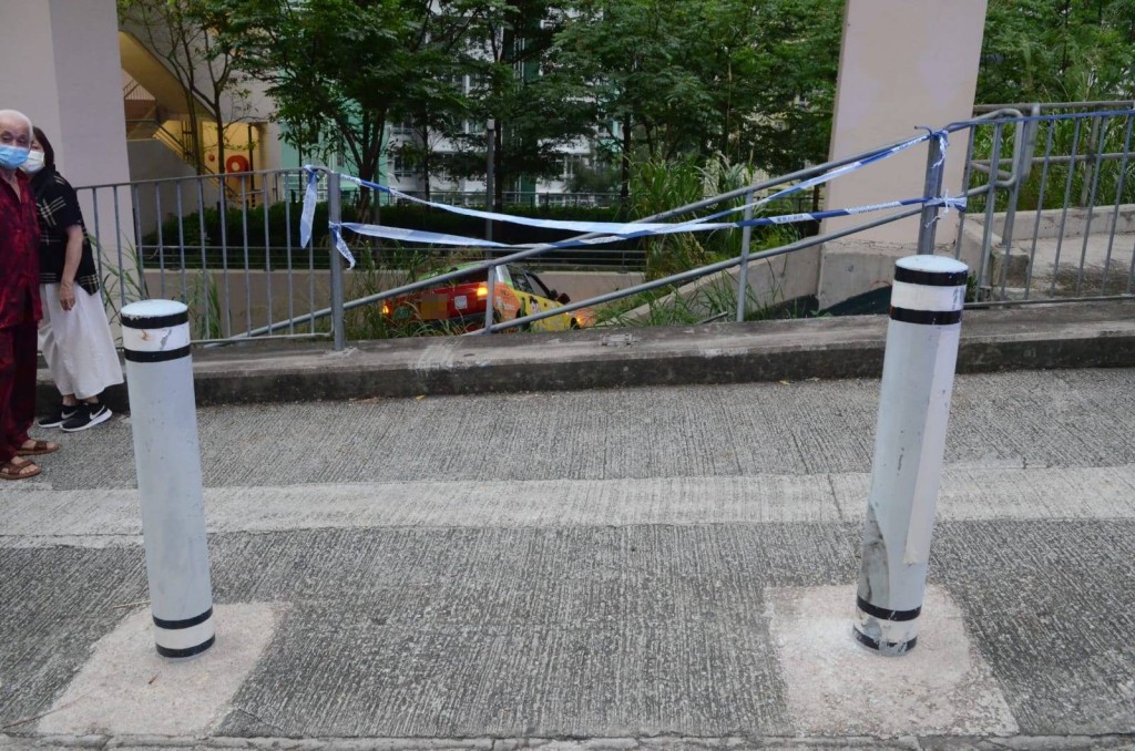 的士穿過路邊防撞柱之間的空隙衝上行人路，其後衝下斜坡。