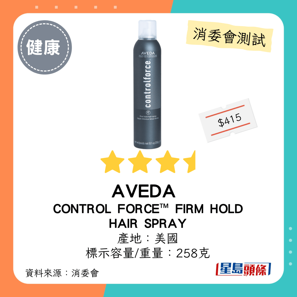 消委会发泥发蜡｜AVEDA CONTROL FORCE™ FIRM HOLD HAIR SPRAY VOC含量：55%。 