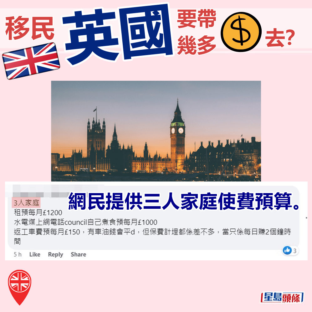 網民提供三人家庭使費預算。fb「曼徹斯特香港谷 英國 曼城 香港人」截圖