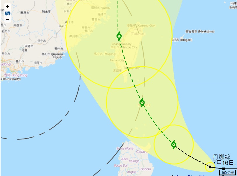 丹娜絲會移向呂宋海峽至台灣一帶。天文台預測路徑