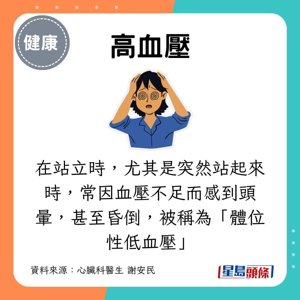 血壓問題：在站立時，尤其是突然站起來時，常因血壓不足而感到頭暈，甚至昏倒，被稱為「體位性低血壓」