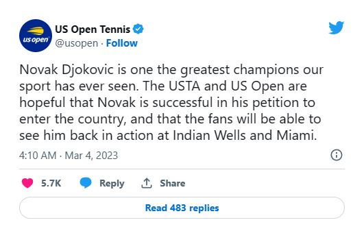 美國網球公開賽官方也在社交媒體聲援祖高域。