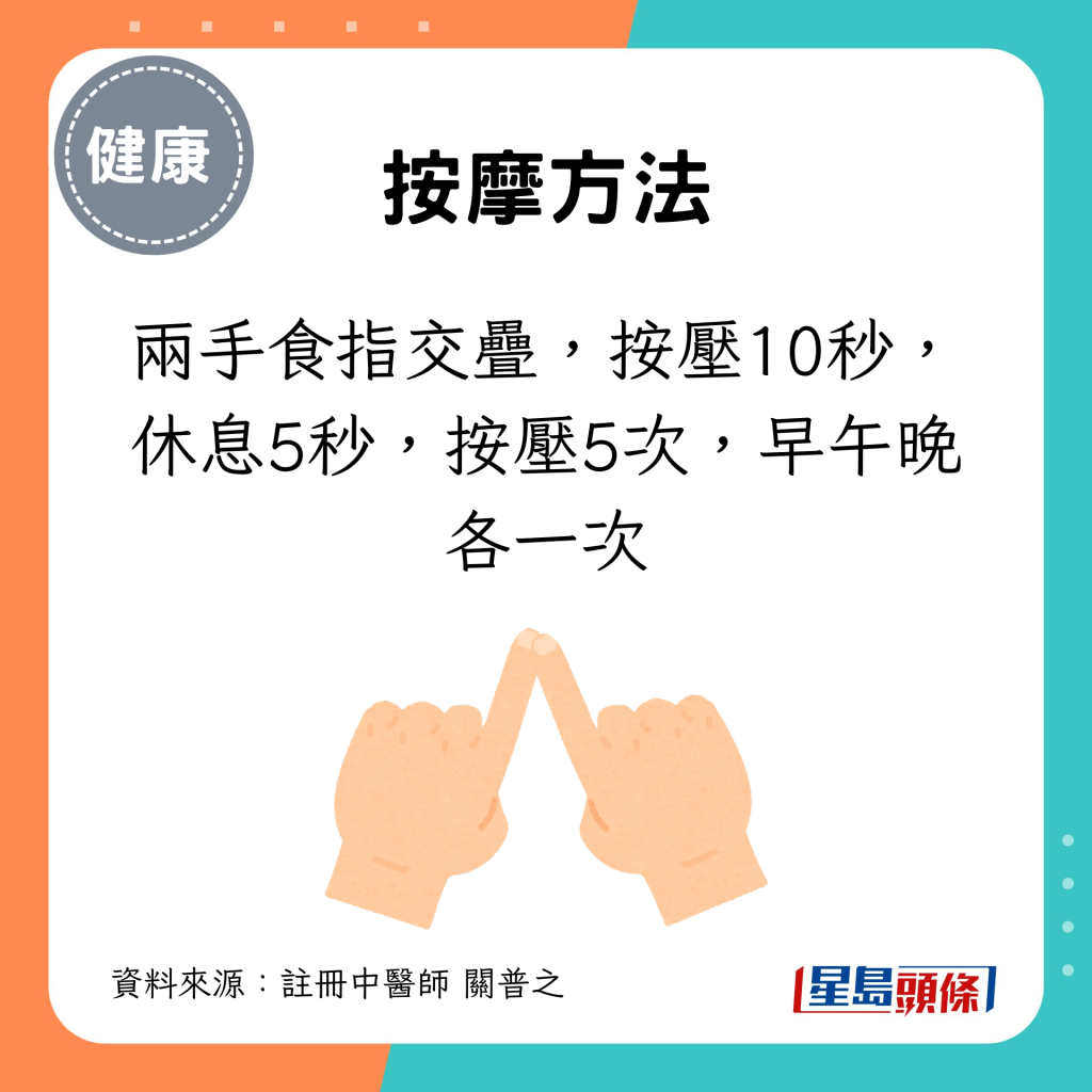 两手食指交叠，按压10秒，休息5秒，按压5次，早午晚各一次