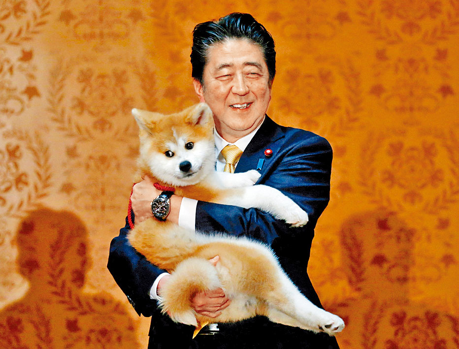 安倍一八年出訪莫斯科，把秋田犬送給俄花樣滑冰金牌得主。