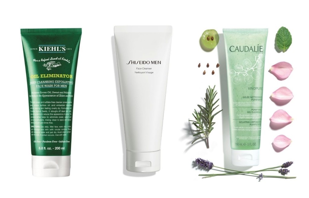 左起/Kiehl's男士除油深层洁肤磨砂霜/$185，可清除污垢及多余油分，用后不会感到绷紧。Shiseido Men焕能保湿洁面膏/$200，蕴含日本山茶花精华，具抗氧化能力，洁净同时保湿。Caudalie葡萄籽毛孔净化洁面啫喱/$180，为敏感暗疮肌、混合性至油性肌肤而设。