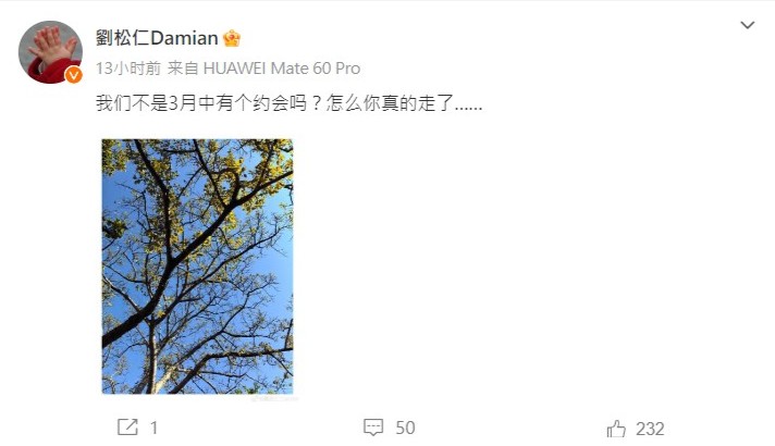 刘松仁于微博上载风景照抒发感受：「我们不是三月中有约吗？怎么真的走了。」