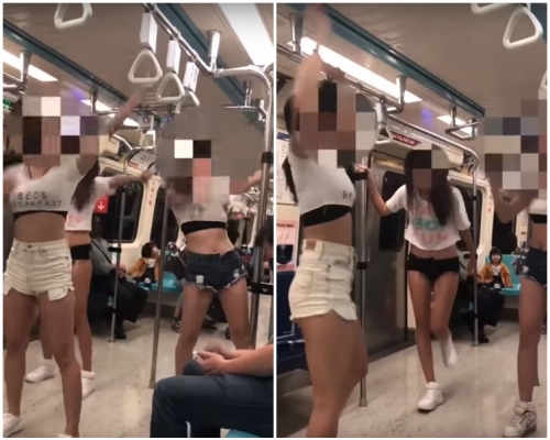 3名年輕女子身穿超短上衣及熱褲，並在車廂隨歌熱舞。網圖