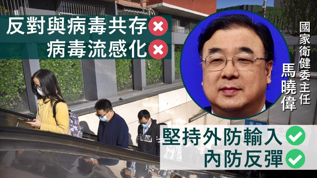 國家衛健委主任馬曉偉在官方刊物撰文,強調要「旗幟鮮明」,反對「與病毒共存」及「病毒流感化」等錯誤論調。AP圖片/網圖