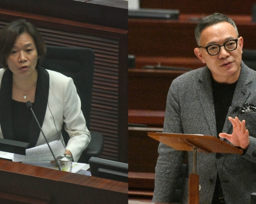 谢伟俊（右）发言时不小心「失言」，多次在会上形容有关议题为「梁美芬制造的混乱」，结果引起梁美芬（左）不满。资料图片