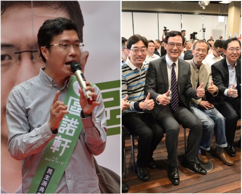 圖右,曾鈺成出席謝偉銓(中)造勢大會。圖左為區諾軒。