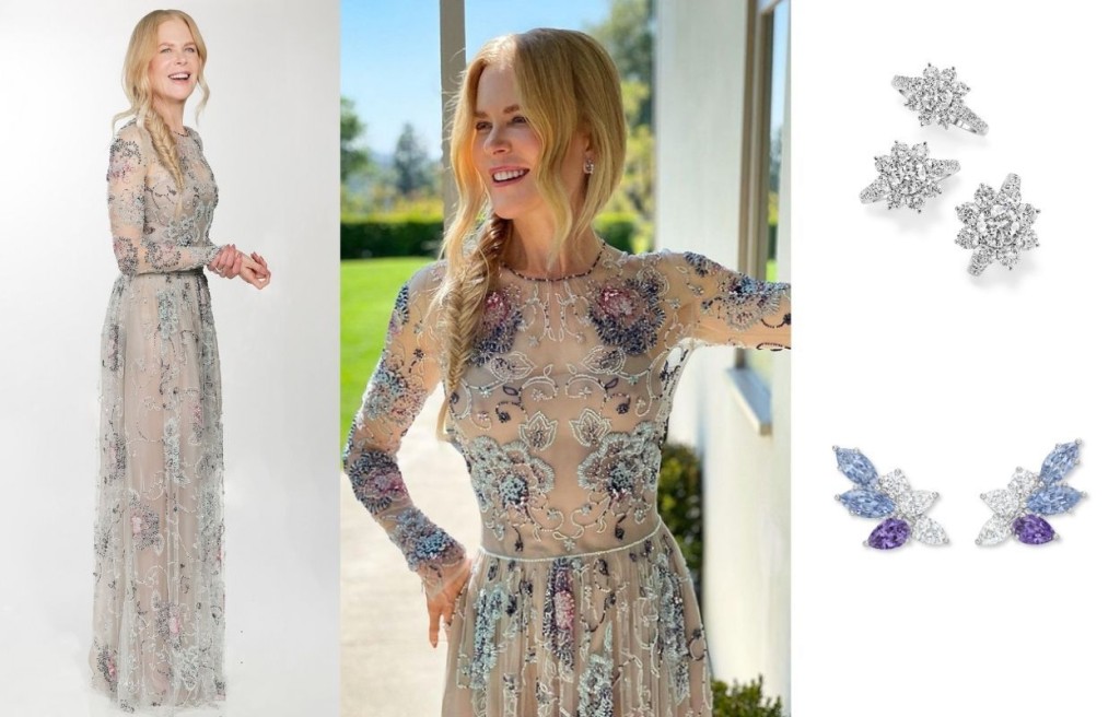 Nicole Kidman穿上Giorgio Armani Privé 2021春夏系列長袖裸色薄紗禮服，飾有彩色水晶刺繡植物圖案。鑽石珠寶則由Harry Winston贊助。