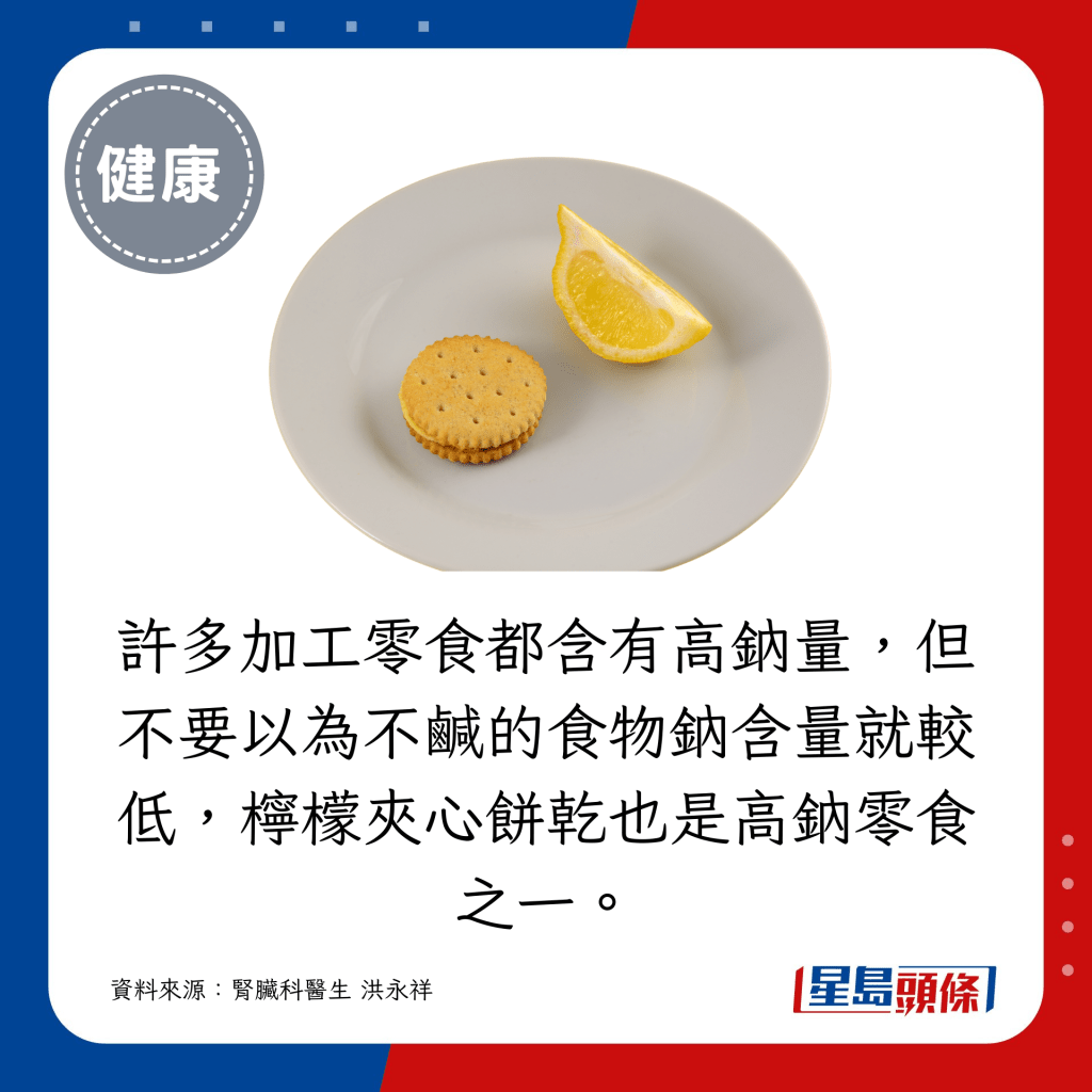 許多加工零食都含有高鈉量，但不要以為不鹹的食物鈉含量就較低，檸檬夾心餅乾也是高鈉零食之一。