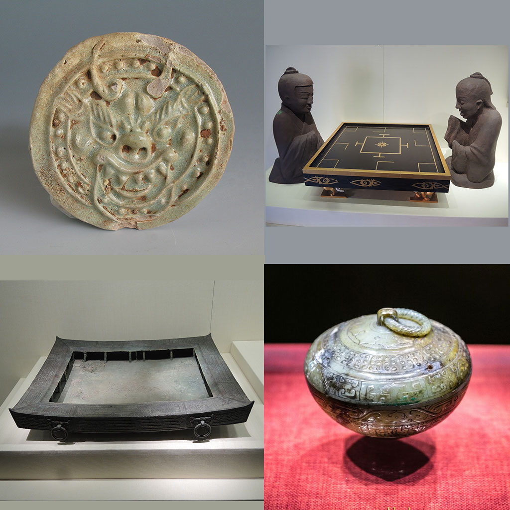 博物館典藏精品：青釉獸面紋瓦當（左上）；六博棋（右上）；燒烤爐（左下）；玉盒（右下）（南越王博物院官方網頁圖片）