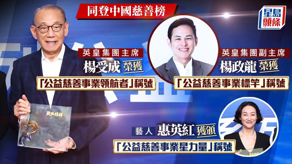 英皇集團主席楊受成與副主席楊政龍同登中國慈善榜  榮獲「公益慈善事業領航者」和「公益慈善事業標竿」稱號