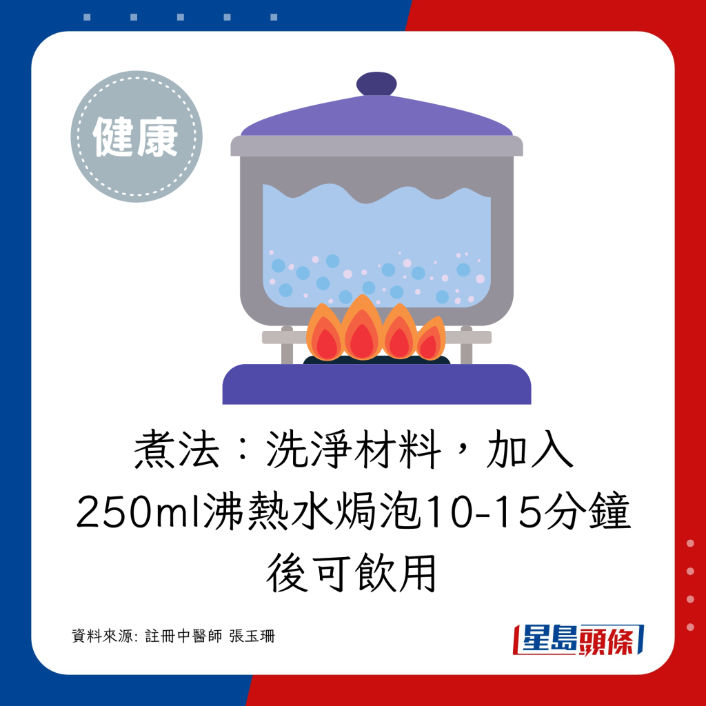 煮法：洗净材料，加入250ml沸热水焗泡10-15分钟后可饮用