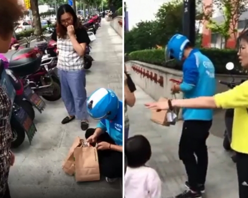 上海一名年輕的外賣員，在送餐途中被人偷走外賣，於是難過地坐在路邊哭泣。　影片截圖