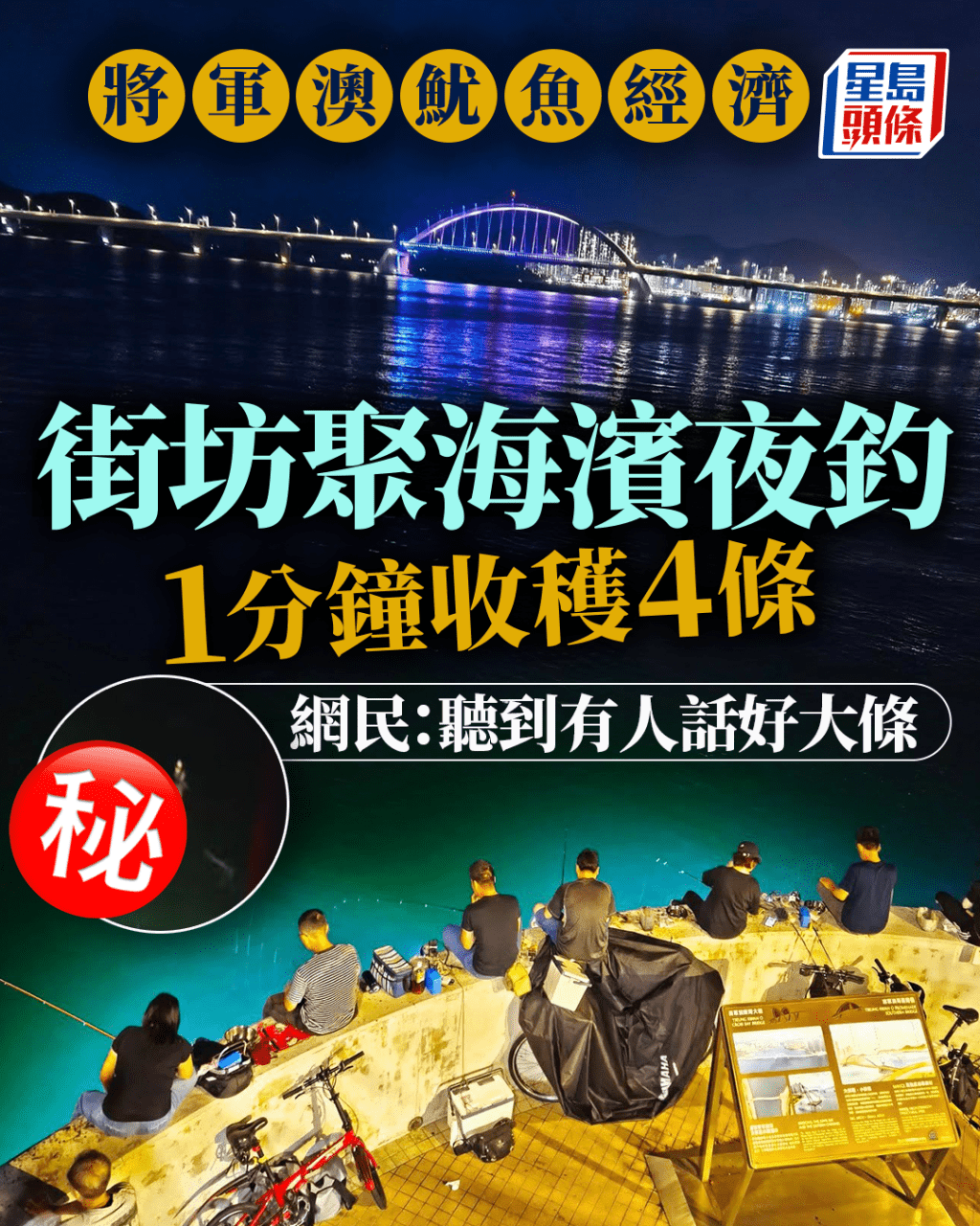 將軍澳魷魚經濟 街坊聚海濱夜釣 1分鐘收穫4條 網民:聽到有人話好大條 將軍澳魷魚經濟 街坊聚海濱夜釣 1分鐘收穫4條 網民:聽到有人話好大條