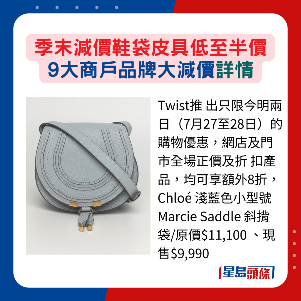 Twist推 出只限今明兩日（7月27至28日）的購物優惠，網店及門市全場正價及折 扣產品，均可享額外8折，Chloé 淺藍色小型號Marcie Saddle 斜揹袋/原價$11,100 、現售$9,990