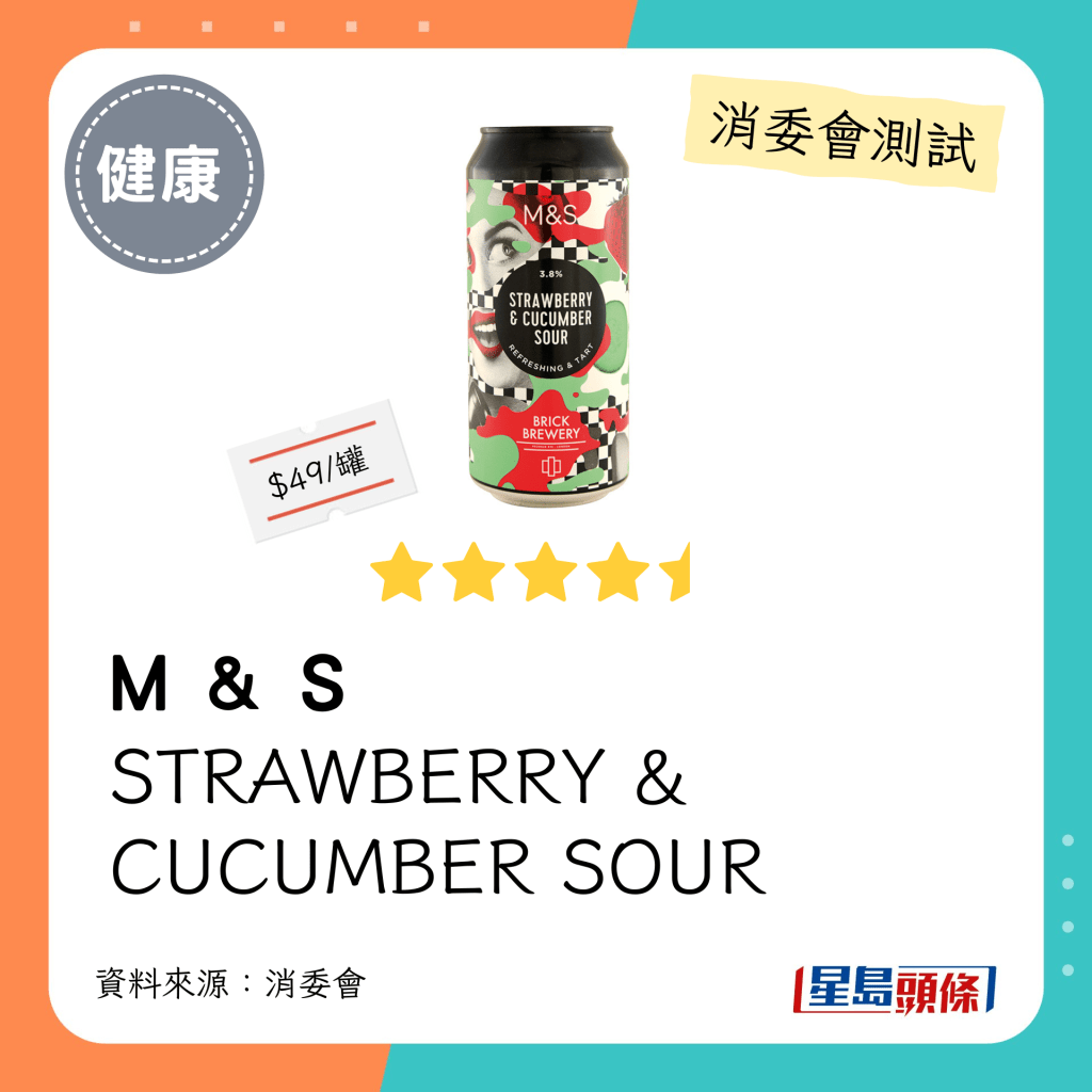 消委會啤酒檢測名單：M & S    STRAWBERRY & CUCUMBER SOUR（4.5星）
