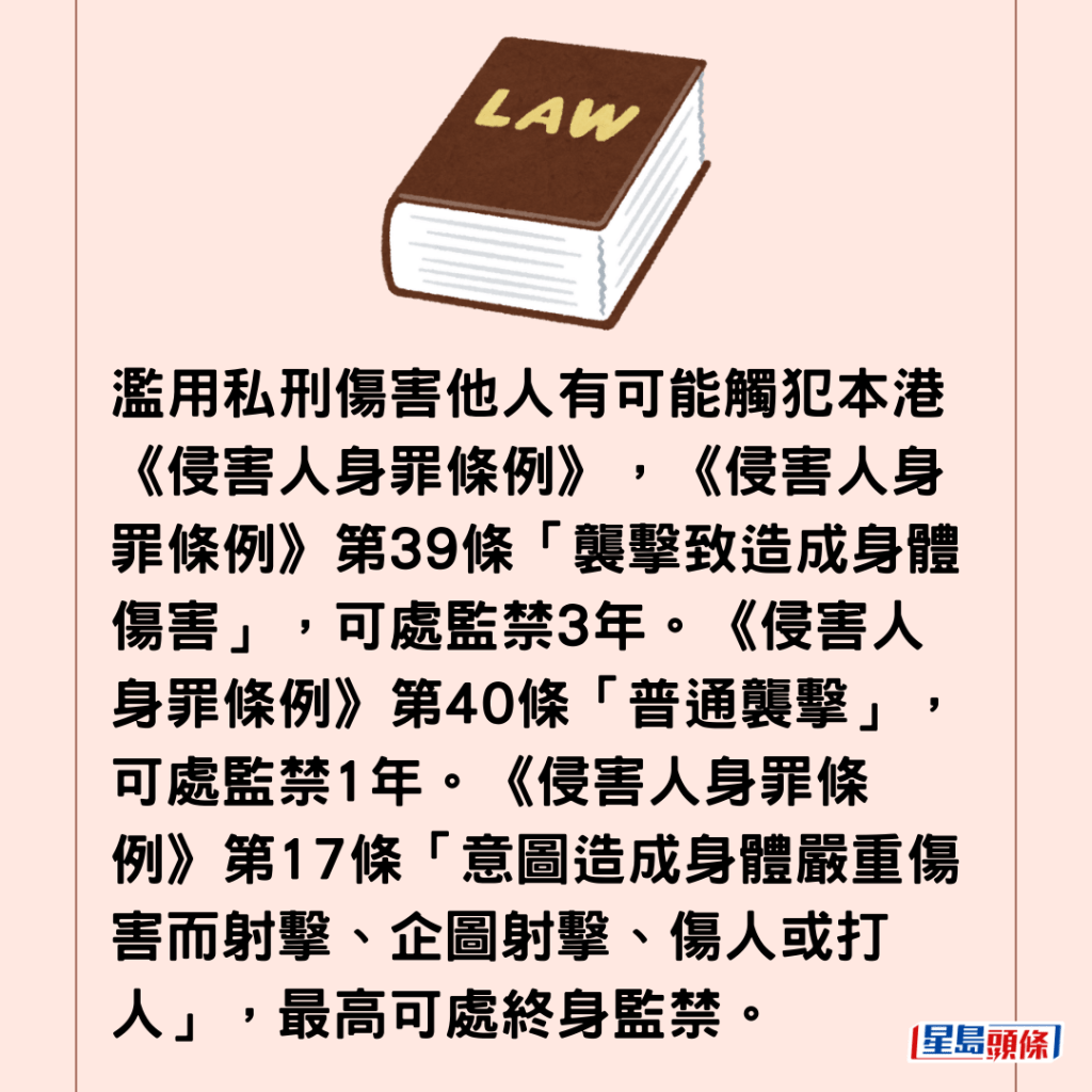 濫用私刑傷害他人有可能觸犯本港《侵害人身罪條例》，《侵害人身罪條例》第39條「襲擊致造成身體傷害」，可處監禁3年。《侵害人身罪條例》第40條「普通襲擊」，可處監禁1年。《侵害人身罪條例》第17條「意圖造成身體嚴重傷害而射擊、企圖射擊、傷人或打人」，最高可處終身監禁。