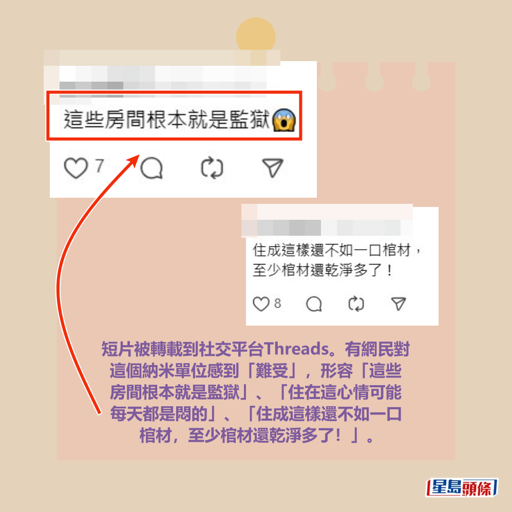 短片被轉載到社交平台Threads。有網民對 這個納米單位感到「難受」，形容「這些 房間根本就是監獄」、「住在這心情可能 每天都是悶的」、「住成這樣還不如一口 棺材，至少棺材還乾淨多了！」。Threads截圖