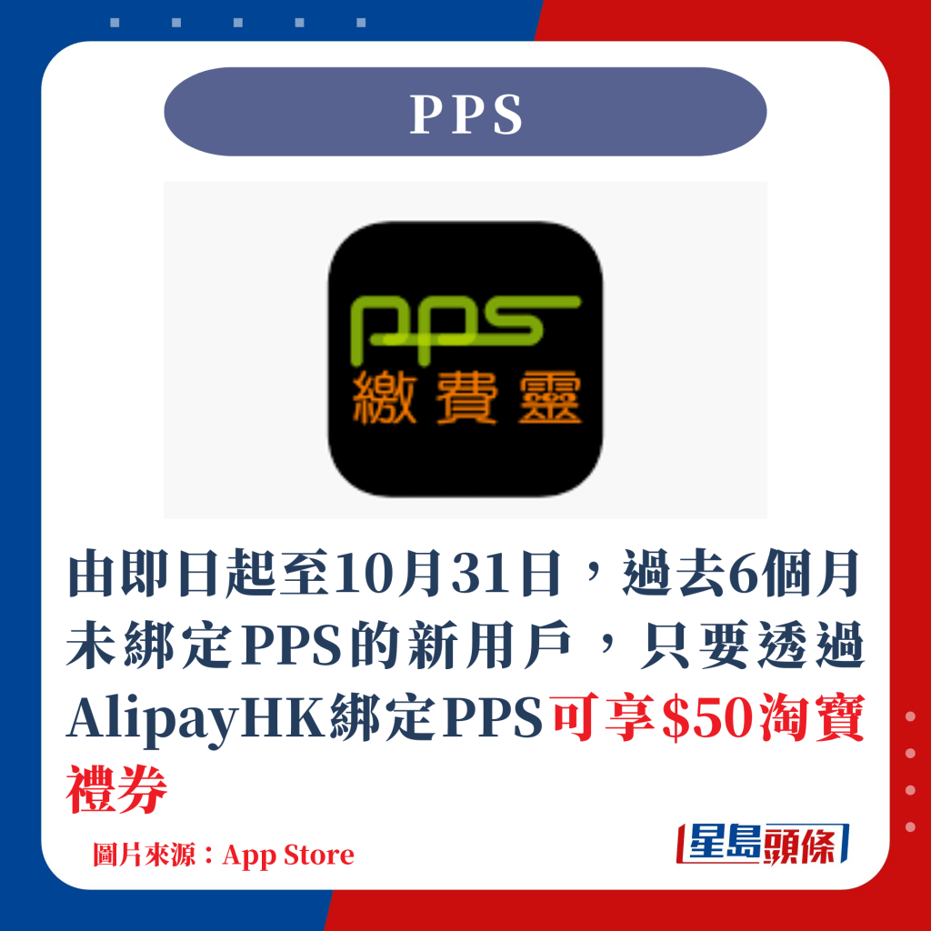 由即日起至10月31日，过去6个月未绑定PPS的新用户，只要透过AlipayHK绑定PPS可享$50淘宝礼券