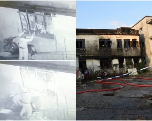 現場為蕉徑老圍4號一間兩層高村屋。左兩圖為閉路電視片段。片段由蕉徑老圍鄧生提供。