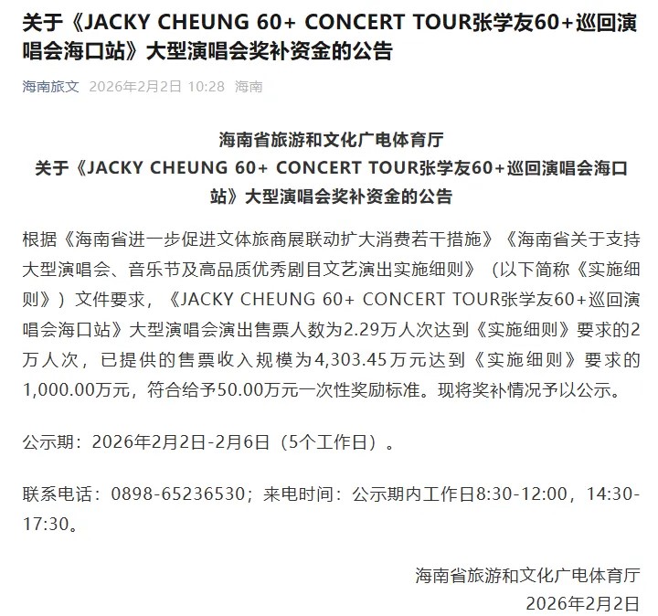 陳奕迅、張學友去年在海南的演唱會，觀眾人次及收入達標，分別獲獎¥100萬及¥50萬。