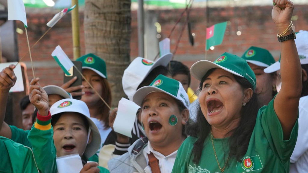 緬甸大選｜親軍政府聯邦團結發展黨（USDP）支持者周五在內比都舉行選前最後一次造勢集會。 美聯社