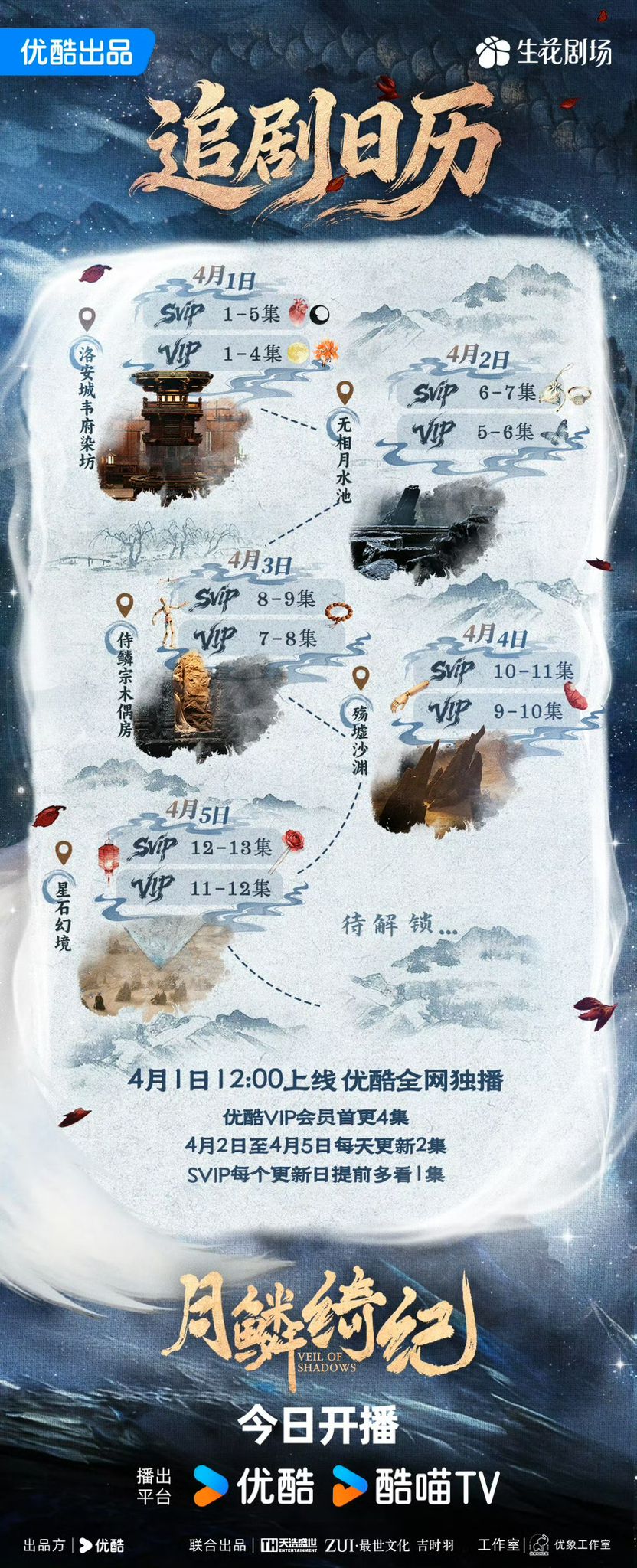 《月鱗綺紀》追劇日曆公開！｜該張圖片是古裝劇《月鱗綺紀》的官方追劇日曆海報，詳細列出了首播週的更新時程與劇中場景。