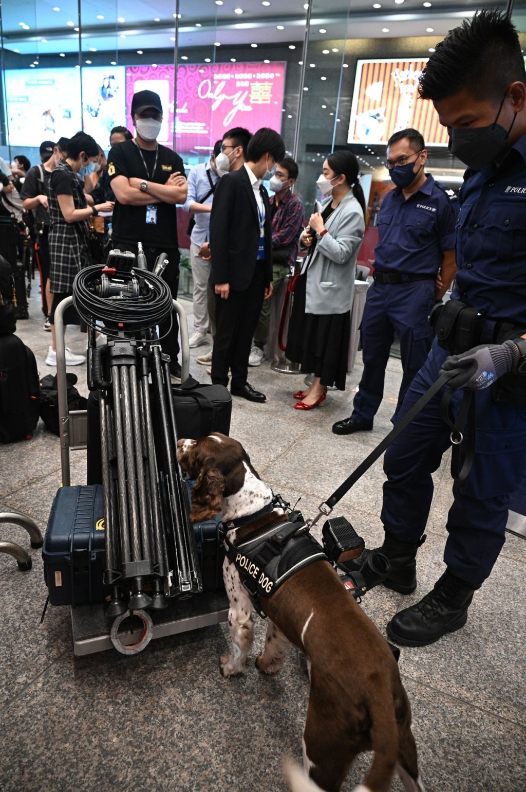 警方派出警犬检查传媒所带设备。