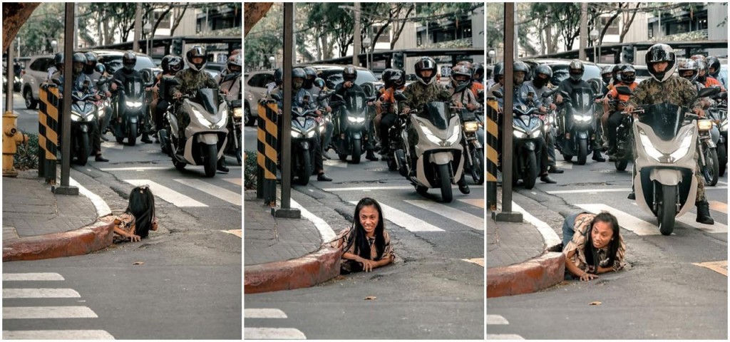 羅絲從排水渠口緩緩爬出，有如日本經典恐怖片《午夜凶鈴》貞子爬出電視的情景。IG@iammrthirty