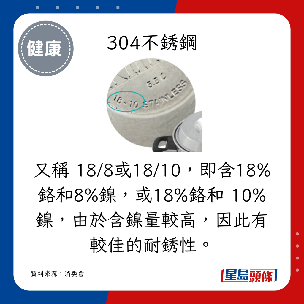  304不锈钢又称 18/8或18/10，即含18% 铬和8%镍，或18%铬和 10%镍，由于含镍量较高，因此有较佳的耐锈性。