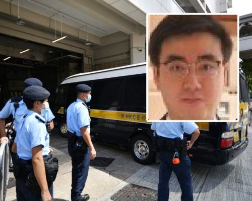 囚車駛入法院,小圖為被告容頌禧。