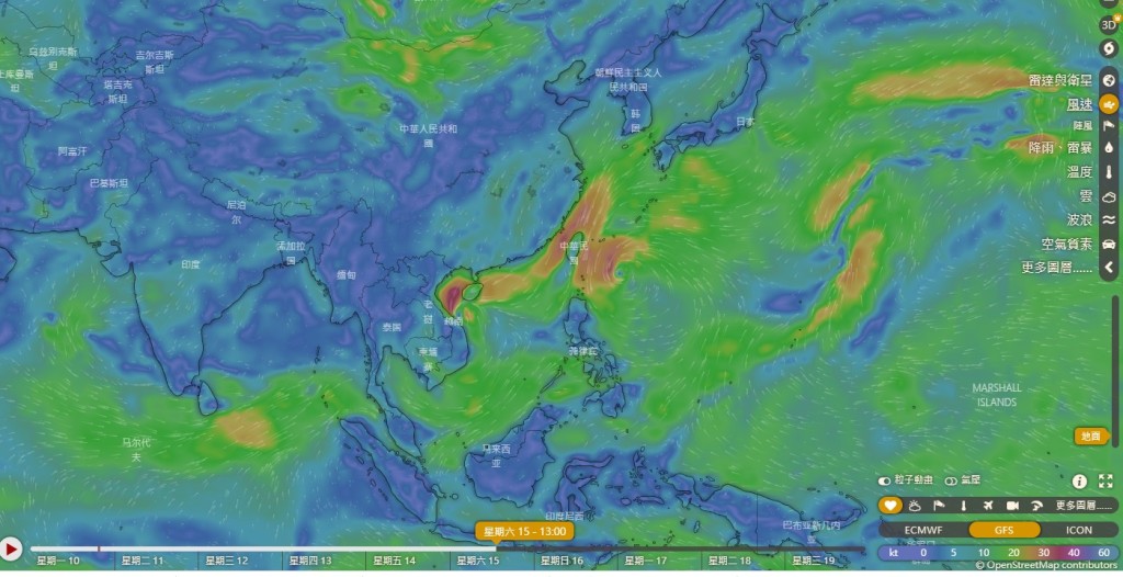 美國全球預報系統（GFS）本周中後期風勢預測。（圖：Windy）