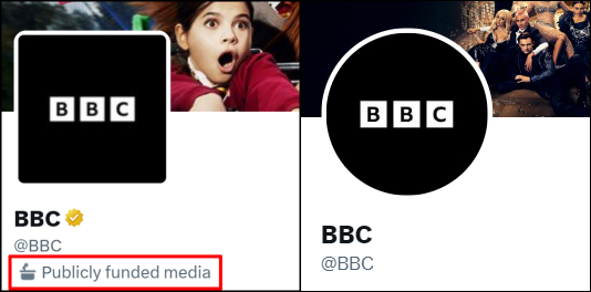 英国BBC的推特，没有了「公众出资」标签。