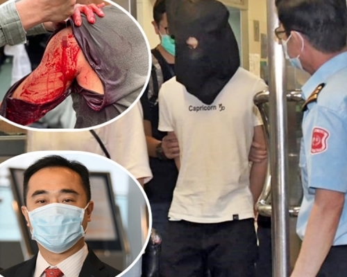 疑犯（中）被警方帶回寓所調查。上小圖為受傷警員；下小圖為解子倫。