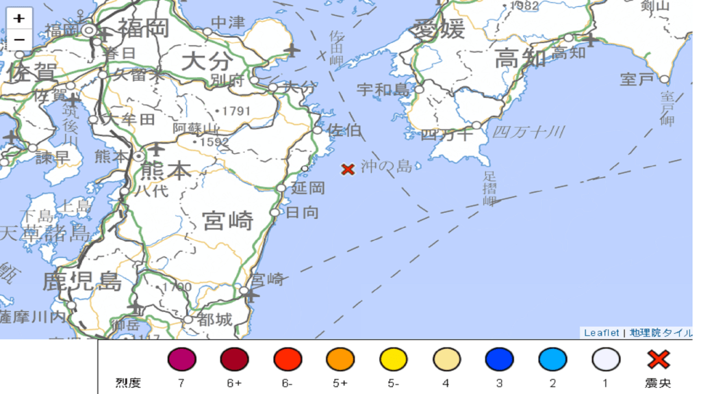 九州近海在當地凌晨1時08分發生黎克特制6.4級地震。日本氣象廳圖片