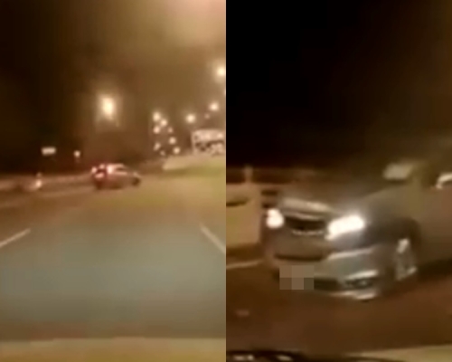 私家車屯公失控撞壆。影片截圖