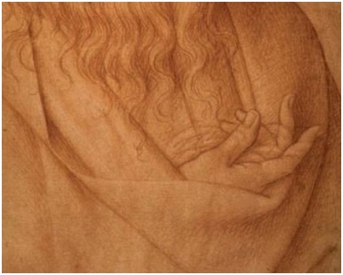 素描肖像顯示達文西的右手如鷹爪般,可能是神經痲痺。Museum of Gallerie dell'Accademia