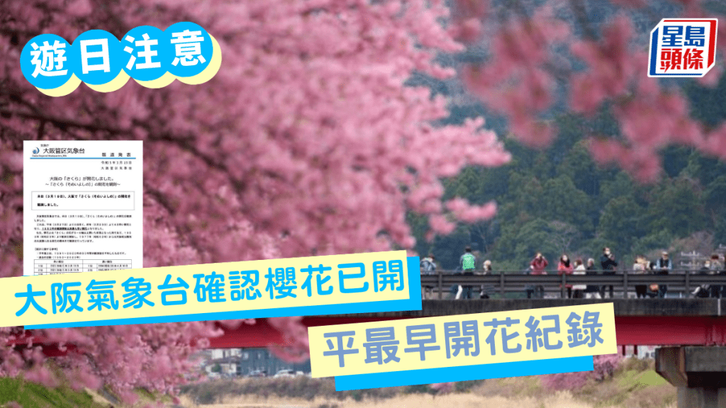 大阪氣象台確認櫻花已開花 與2021年並列最早