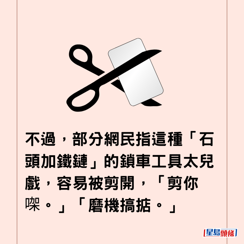  不過，部分網民指這種「石頭加鐵鏈」的鎖車工具太兒戲，容易被剪開，「剪你㗎。」「磨機搞掂。」