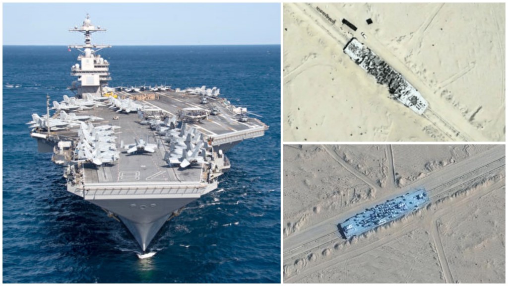 中國在新疆沙模建的移動版美國「福特」號航母(左)靶艦(右下)被完全摧毀(右上)。