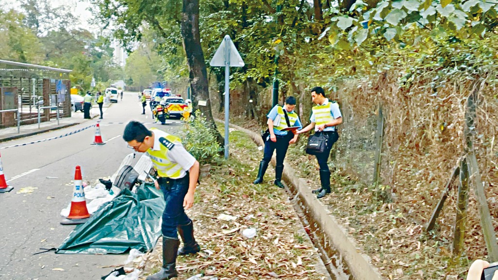 警方在老婦踏單車遭撞死現場展開調查。