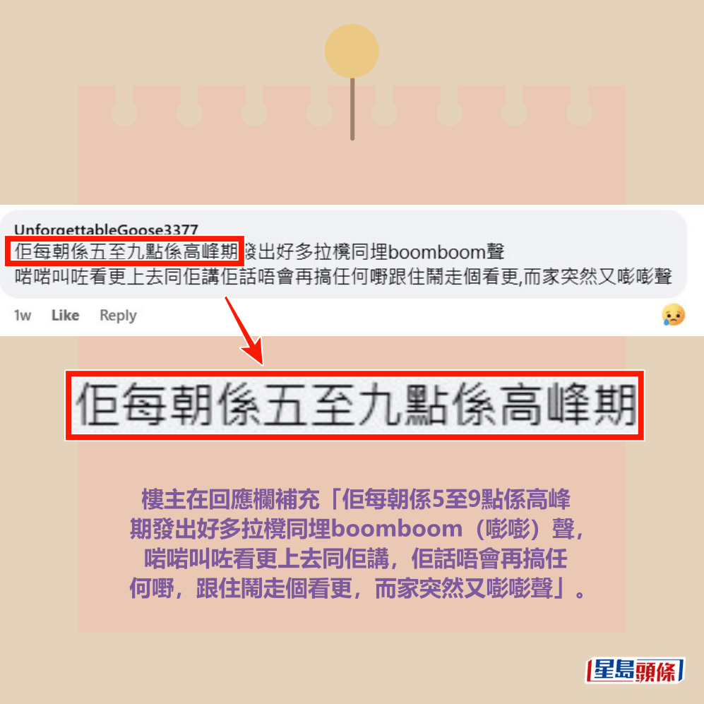 facebook截圖（資料來源：UnforgettableGoose3377＠facebook樓上噪音苦主大聯盟（香港））