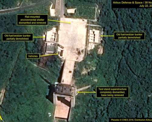 卫星影像显示北韩去年7月正在拆除西海卫星发射基地，但南韩国情院周二表示，北韩有修复东仓里导弹发射场的迹象。（资料图片）