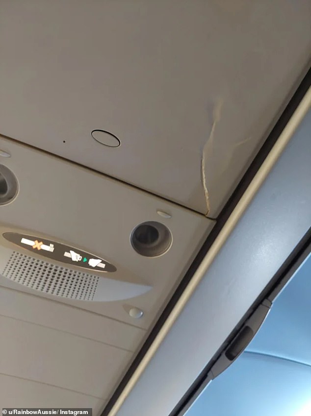从一名乘客放上社交平台的照片可见，一块乘客头顶控制面板旁边有一个巨大的疑似被撞破的裂缝。