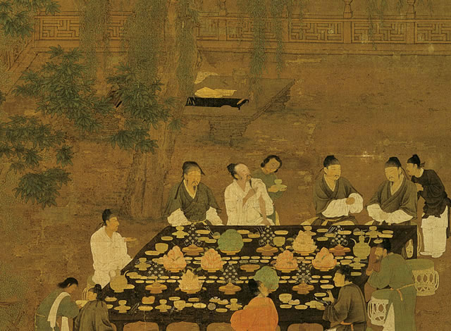 茶宴在南北朝興起，盛行於唐宋，文人以茶會友，一同品茶吟詩，圖為宋徽宗《文會圖》。