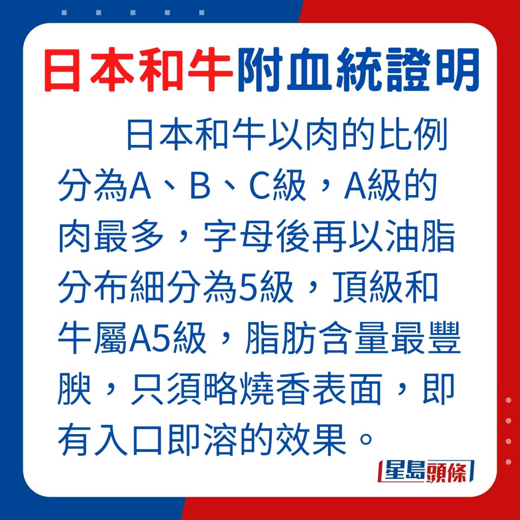 和牛以肉的比例分为A、B、C级，A级的肉最多，字母后再以油脂分布细分为5级，顶级和牛属A5级，脂肪含量最丰腴，只须略烧香表面，即有入口即溶的效果。